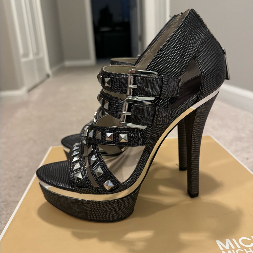 Black Studded High Heel Platform Sandals - Women's
